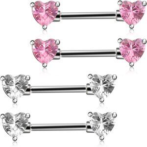 2 Pairs 14G Heart Nipple Rings, Stainless Steel Love Heart Barbell Tongue Rings